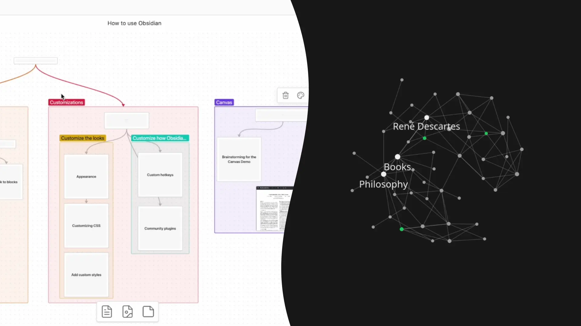 Obsidian’s two big fancy features, Canvas and Graph View respectively.